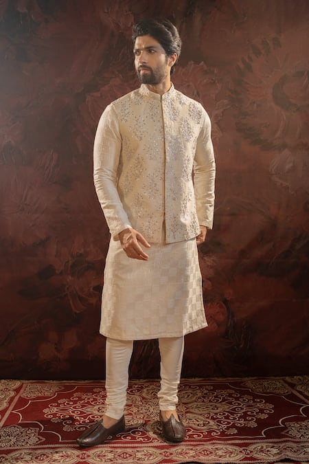 Darshika Menswear Ivory , Satin Zari Floral Zardozi Embroidered Bundi Set Online at Aza Fashions Darshika Menswear_Ivory , Satin Zari Floral Zardozi Embroidered Bundi Set _Online_at_Aza_Fashions