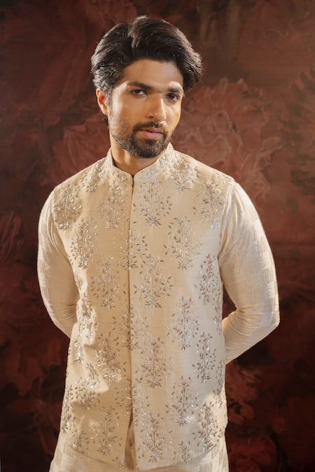 Buy Darshika Menswear Ivory , Satin Zari Floral Zardozi Embroidered Bundi Set Online at Aza Fashions Buy_Darshika Menswear_Ivory , Satin Zari Floral Zardozi Embroidered Bundi Set _Online_at_Aza_Fashions