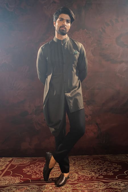 Shop_Darshika Menswear_Green Suede Asymmetric Kurta With Pant _at_Aza_Fashions