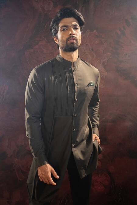 Darshika Menswear_Green Suede Asymmetric Kurta With Pant _Online_at_Aza_Fashions