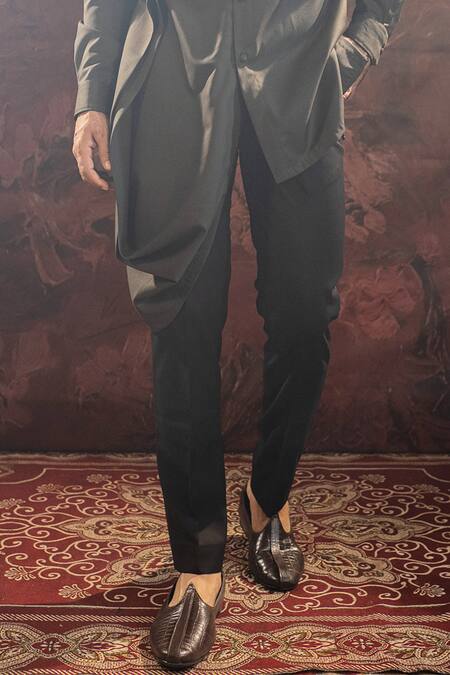 Buy_Darshika Menswear_Green Suede Asymmetric Kurta With Pant _Online_at_Aza_Fashions