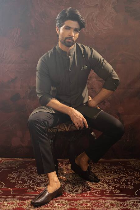 Shop_Darshika Menswear_Green Suede Asymmetric Kurta With Pant _Online_at_Aza_Fashions
