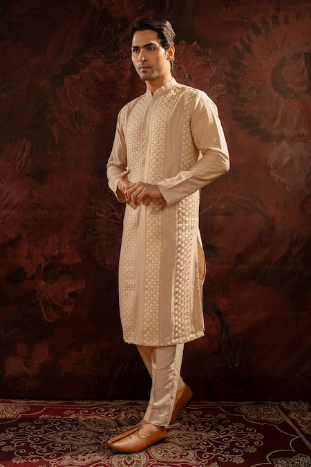 Shop Darshika Menswear Beige Cotton, Silk Embroidery Straight Pintuck Pattern Kurta With Pant at Aza Fashions Shop_Darshika Menswear_Beige Cotton, Silk Embroidery Straight Pintuck Pattern Kurta With Pant _at_Aza_Fashions