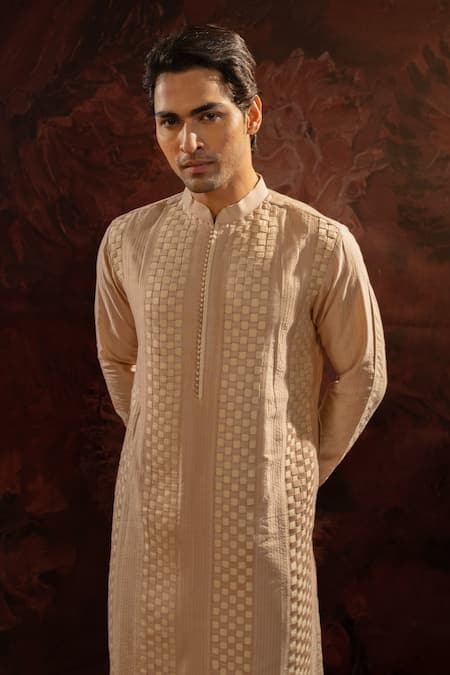 Darshika Menswear Beige Cotton, Silk Embroidery Straight Pintuck Pattern Kurta With Pant Online at Aza Fashions Darshika Menswear_Beige Cotton, Silk Embroidery Straight Pintuck Pattern Kurta With Pant _Online_at_Aza_Fashions