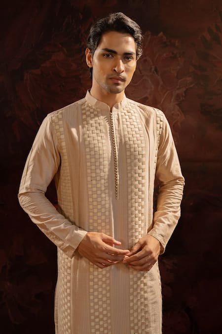 Buy Darshika Menswear Beige Cotton, Silk Embroidery Straight Pintuck Pattern Kurta With Pant Online at Aza Fashions Buy_Darshika Menswear_Beige Cotton, Silk Embroidery Straight Pintuck Pattern Kurta With Pant _Online_at_Aza_Fashions