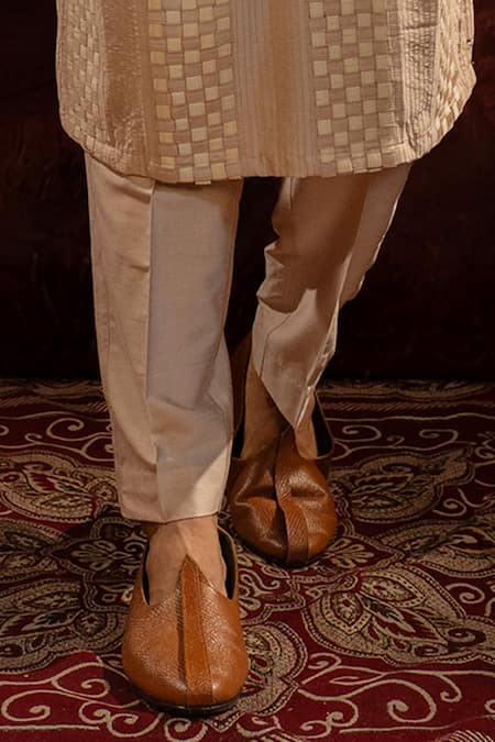 Shop Darshika Menswear Beige Cotton, Silk Embroidery Straight Pintuck Pattern Kurta With Pant Online at Aza Fashions Shop_Darshika Menswear_Beige Cotton, Silk Embroidery Straight Pintuck Pattern Kurta With Pant _Online_at_Aza_Fashions
