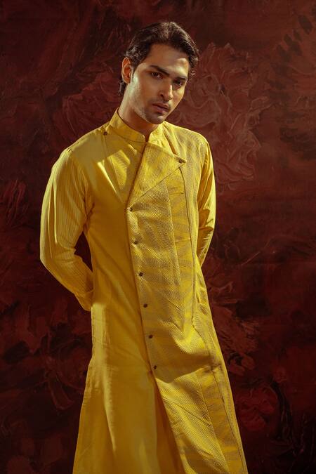 Darshika Menswear_Yellow Cotton, Silk Pintuck Panelled Kurta With Churidar_Online_at_Aza_Fashions