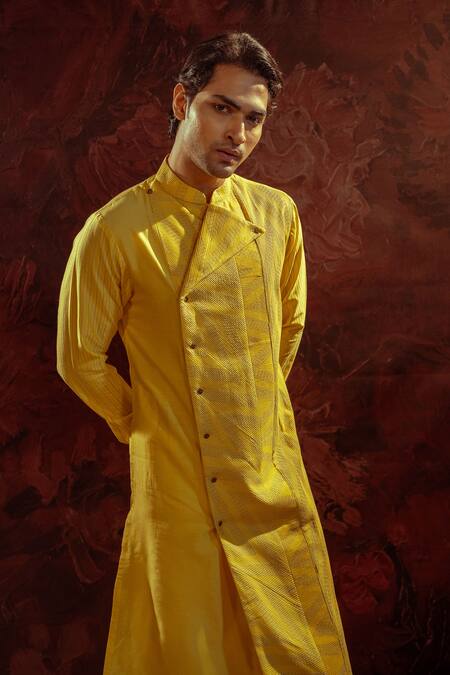 Buy_Darshika Menswear_Yellow Cotton, Silk Pintuck Panelled Kurta With Churidar_Online_at_Aza_Fashions