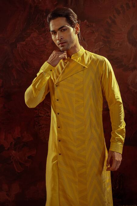 Shop_Darshika Menswear_Yellow Cotton, Silk Pintuck Panelled Kurta With Churidar_Online_at_Aza_Fashions