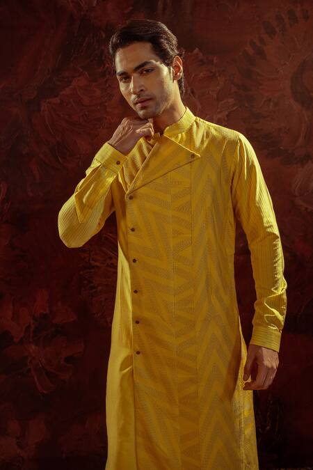 Darshika Menswear_Yellow Cotton, Silk Pintuck Panelled Kurta With Churidar_at_Aza_Fashions
