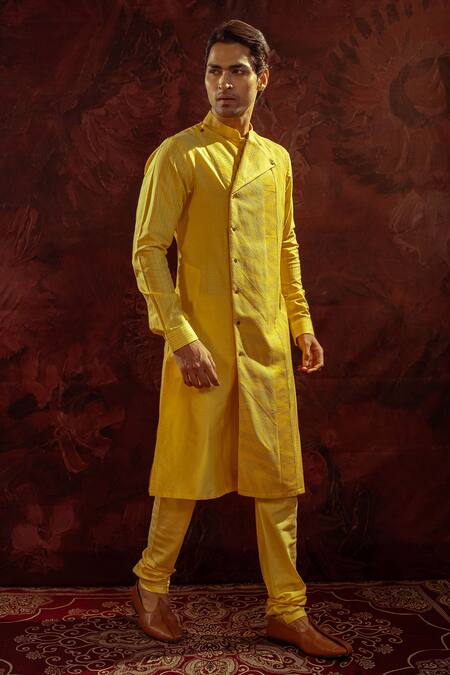 Buy_Darshika Menswear_Yellow Cotton, Silk Pintuck Panelled Kurta With Churidar