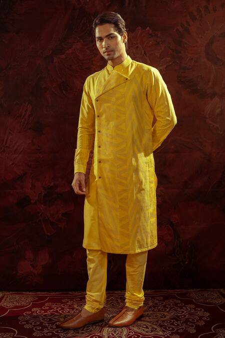 Shop_Darshika Menswear_Yellow Cotton, Silk Pintuck Panelled Kurta With Churidar