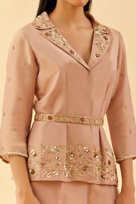 Buy_Label Nitisha_Gold Tissue Silk Embroidery Pearl Lapel Flora Garden Blazer Suit Pant Set _Online_at_Aza_Fashions