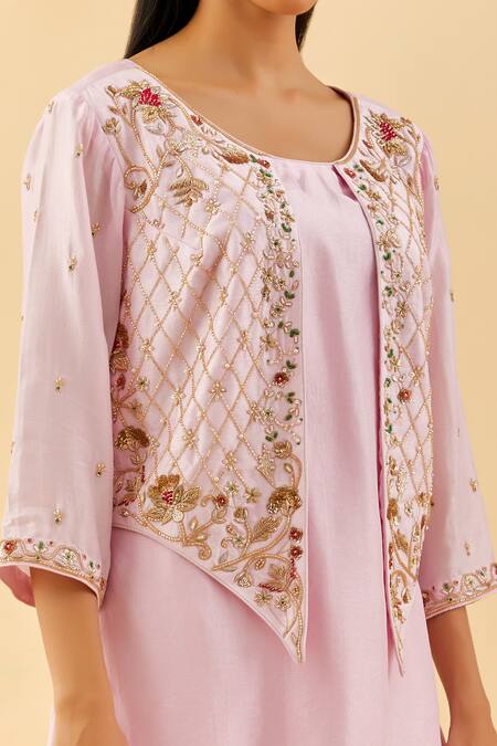 Label Nitisha_Purple Raw Silk Embroidery Cut Dana Round Floral Jacket Kurta With Dhoti Pant _Online_at_Aza_Fashions