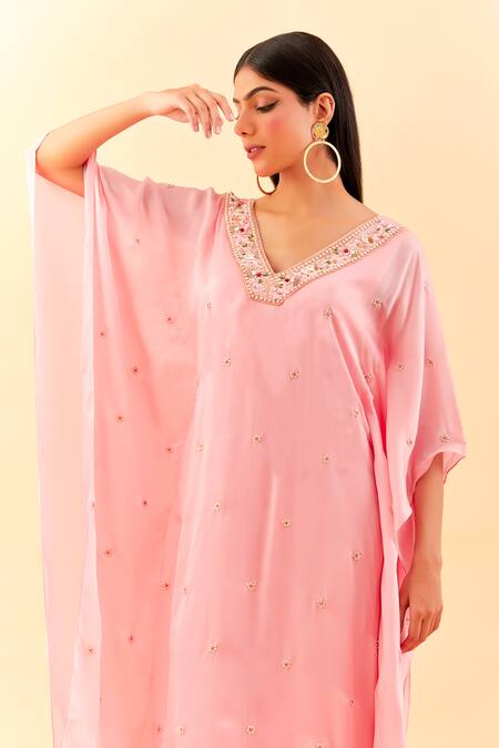 Label Nitisha_Pink Satin, Organza Pearls, Sequins V-neck Bloom Embroidered Kaftan _Online_at_Aza_Fashions