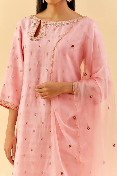 Label Nitisha_Pink Raw Silk Embroidery Cut Dana Boat Neck Sequin Rosa Kurta Pant Set _Online_at_Aza_Fashions