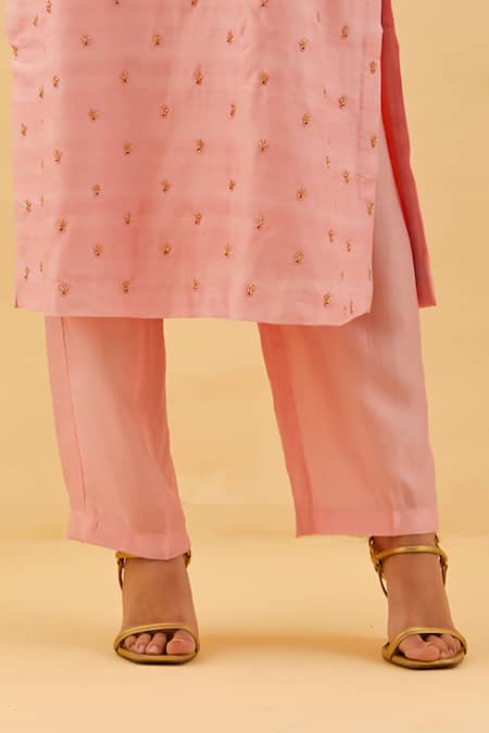 Buy_Label Nitisha_Pink Raw Silk Embroidery Cut Dana Boat Neck Sequin Rosa Kurta Pant Set _Online_at_Aza_Fashions