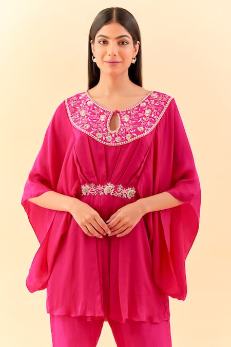 Label Nitisha Pink Satin, Georgette, Cotton Petunia Bloom Embroidered Tunic Kurta With Pant Online at Aza Fashions Label Nitisha_Pink Satin, Georgette, Cotton Petunia Bloom Embroidered Tunic Kurta With Pant _Online_at_Aza_Fashions