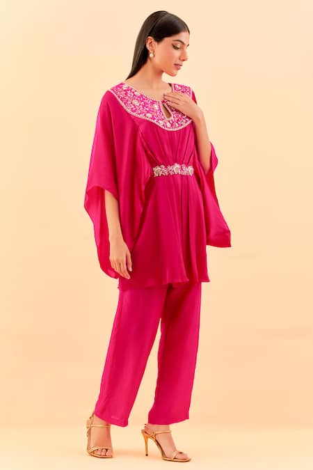 Buy Label Nitisha Pink Satin, Georgette, Cotton Petunia Bloom Embroidered Tunic Kurta With Pant Online at Aza Fashions Buy_Label Nitisha_Pink Satin, Georgette, Cotton Petunia Bloom Embroidered Tunic Kurta With Pant _Online_at_Aza_Fashions