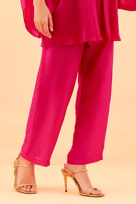 Shop Label Nitisha Pink Satin, Georgette, Cotton Petunia Bloom Embroidered Tunic Kurta With Pant Online at Aza Fashions Shop_Label Nitisha_Pink Satin, Georgette, Cotton Petunia Bloom Embroidered Tunic Kurta With Pant _Online_at_Aza_Fashions