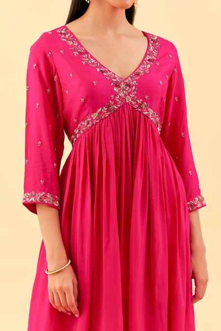 Label Nitisha_Pink Silk, Satin Pearls, Sequins, Beads, Flora Vine Anarkali With Pant _Online_at_Aza_Fashions