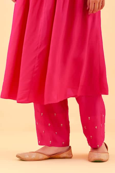 Buy_Label Nitisha_Pink Silk, Satin Pearls, Sequins, Beads, Flora Vine Anarkali With Pant _Online_at_Aza_Fashions