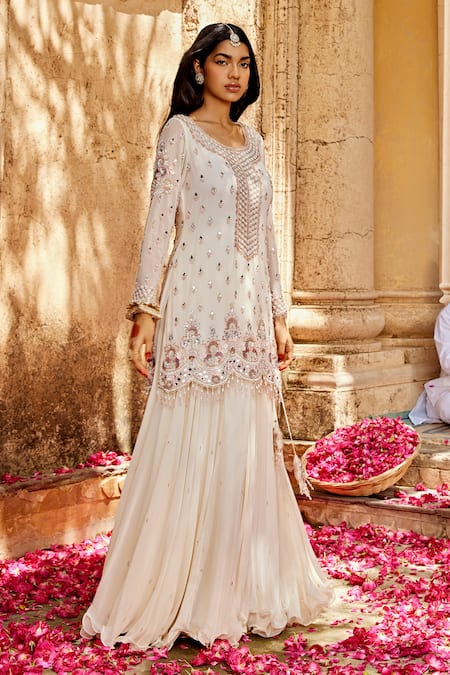 Buy_Amitabh Malhotra_Ivory Georgette, Net Beads, Tassels, Mirrors, Embellished Kurta Skirt Set _Online_at_Aza_Fashions