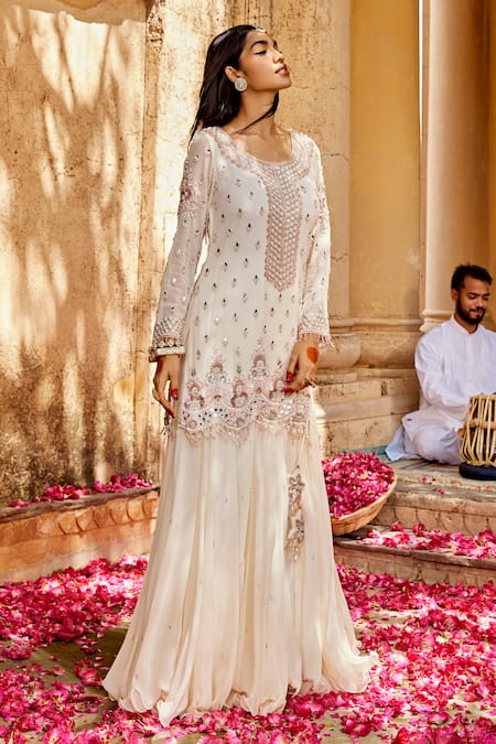 Shop_Amitabh Malhotra_Ivory Georgette, Net Beads, Tassels, Mirrors, Embellished Kurta Skirt Set _Online_at_Aza_Fashions