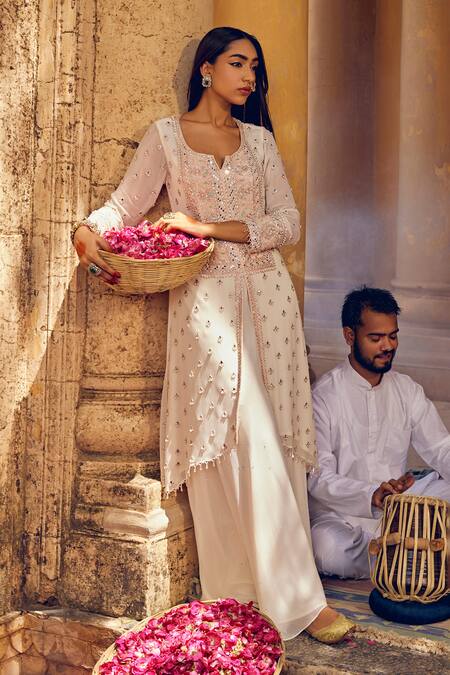 Buy_Amitabh Malhotra_Ivory Georgette Embroidery Luneville Notched Kurta Sharara Set  _Online_at_Aza_Fashions
