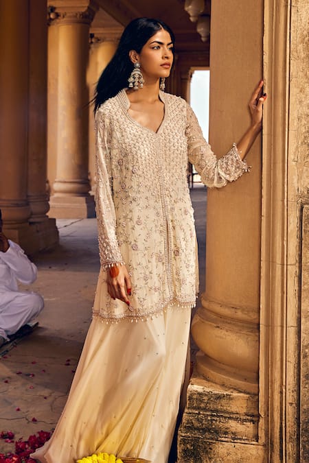 Shop_Amitabh Malhotra_Ivory Georgette Embellished Mirror Mandarin Collar Kurta Flared Skirt Set _Online_at_Aza_Fashions