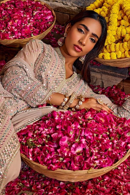 Shop_Amitabh Malhotra_Ivory Georgette Embellished Mirror Resham Work Kurta Sharara Set  _Online_at_Aza_Fashions