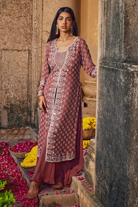 Amitabh Malhotra_Brown Georgette Embellished Resham Mirror Work Kurta Sharara Set  _Online_at_Aza_Fashions