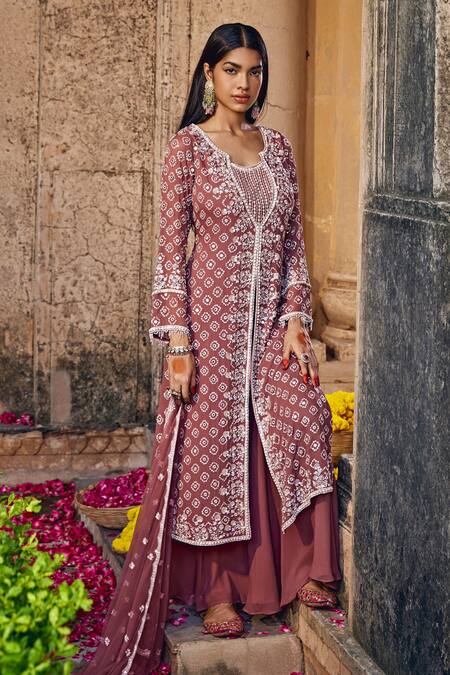 Buy_Amitabh Malhotra_Brown Georgette Embellished Resham Mirror Work Kurta Sharara Set  _Online_at_Aza_Fashions