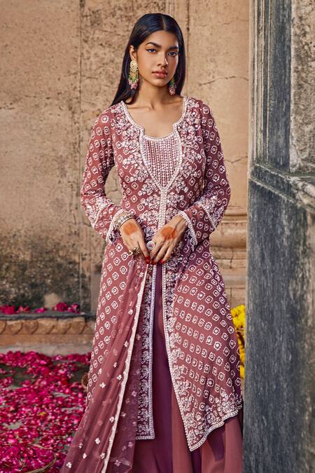 Shop_Amitabh Malhotra_Brown Georgette Embellished Resham Mirror Work Kurta Sharara Set  _Online_at_Aza_Fashions