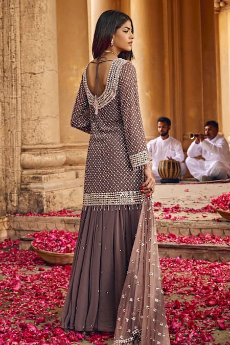 Amitabh Malhotra Stripe Embellished Kurta Gathered Skirt Set 