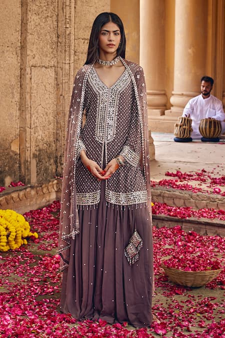 Buy_Amitabh Malhotra_Grey Georgette Embellished Mirror V Neck Stripe Kurta Gathered Skirt Set _Online_at_Aza_Fashions