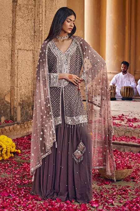Shop_Amitabh Malhotra_Grey Georgette Embellished Mirror V Neck Stripe Kurta Gathered Skirt Set _Online_at_Aza_Fashions