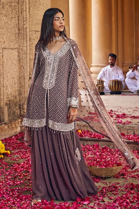 Amitabh Malhotra_Grey Georgette Embellished Mirror V Neck Stripe Kurta Gathered Skirt Set _at_Aza_Fashions