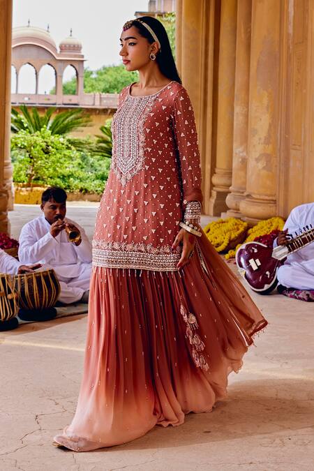 Buy Amitabh Malhotra Peach Georgette Embellished Mirror Round Floral Kurta Skirt Set Online at Aza Fashions Buy_Amitabh Malhotra_Peach Georgette Embellished Mirror Round Floral Kurta Skirt Set _Online_at_Aza_Fashions