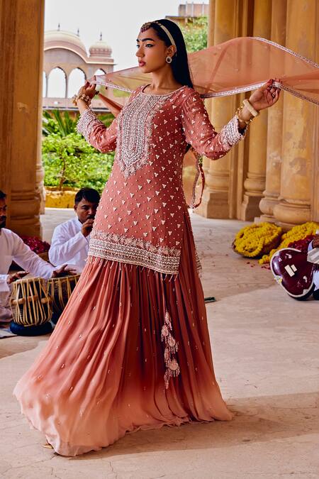 Shop Amitabh Malhotra Peach Georgette Embellished Mirror Round Floral Kurta Skirt Set Online at Aza Fashions Shop_Amitabh Malhotra_Peach Georgette Embellished Mirror Round Floral Kurta Skirt Set _Online_at_Aza_Fashions
