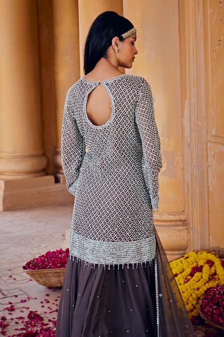 Amitabh Malhotra Bead Embellished Kurta Gathered Skirt Set 