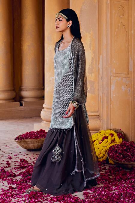 Amitabh Malhotra Green Georgette Embellished Bead Round Kurta Gathered Skirt Set at Aza Fashions Amitabh Malhotra_Green Georgette Embellished Bead Round Kurta Gathered Skirt Set _at_Aza_Fashions