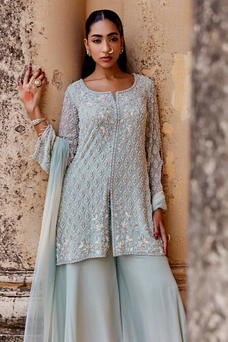 Amitabh Malhotra_Green Georgette Embellished Bead Notched Geometric Kurta Sharara Set  _at_Aza_Fashions