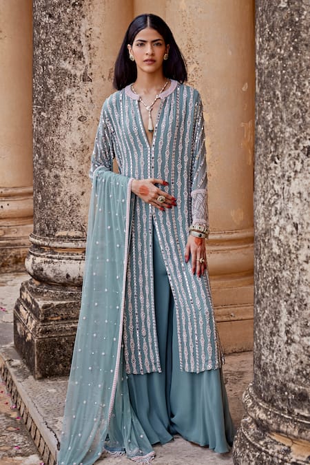 Amitabh Malhotra Stripe Embellished Kurta Sharara Set 