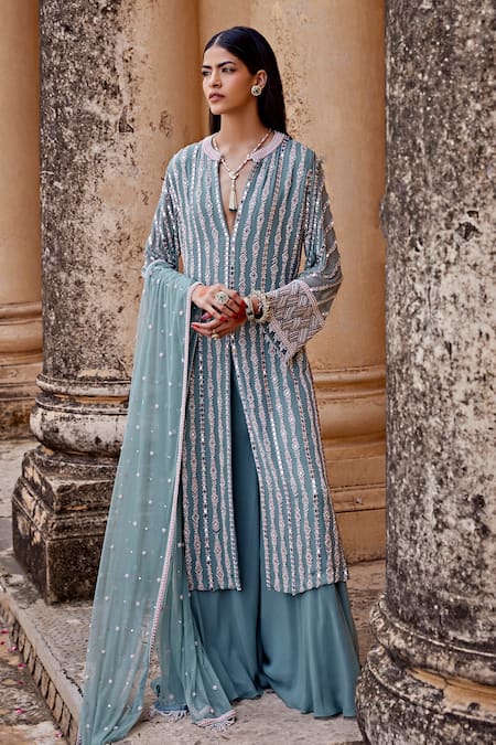 Buy_Amitabh Malhotra_Green Georgette Embroidery Luneville Stripe Embellished Kurta Sharara Set _Online_at_Aza_Fashions