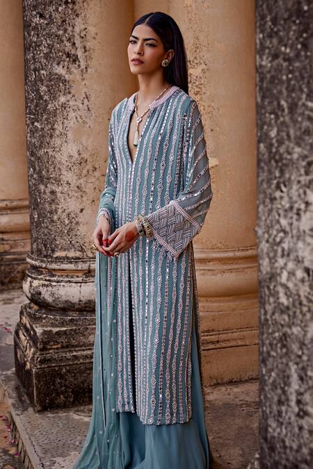 Amitabh Malhotra_Green Georgette Embroidery Luneville Stripe Embellished Kurta Sharara Set _at_Aza_Fashions