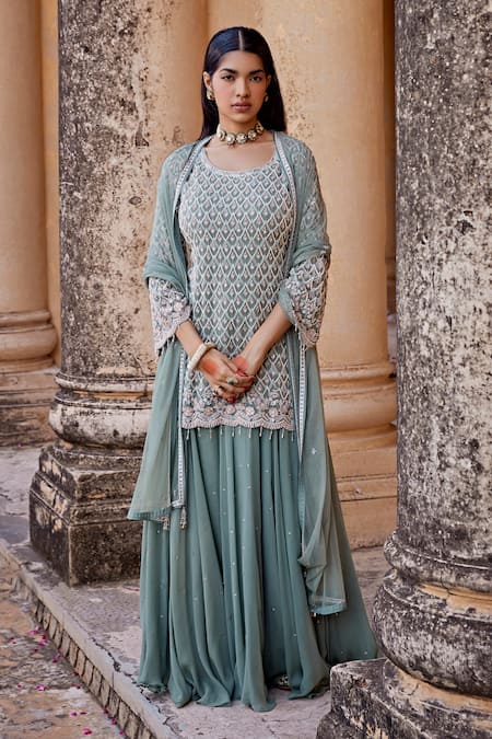 Amitabh Malhotra Green Georgette Embellished Cutdana Round Checkered Kurta Skirt Set 