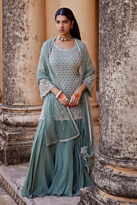 Buy_Amitabh Malhotra_Green Georgette Embellished Cutdana Round Checkered Kurta Skirt Set _Online_at_Aza_Fashions