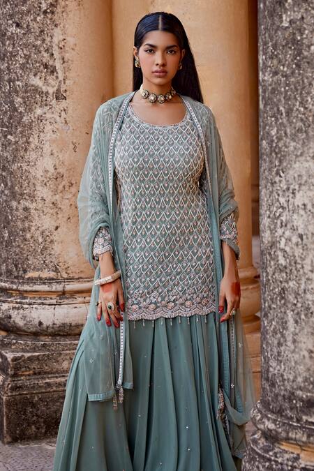Shop_Amitabh Malhotra_Green Georgette Embellished Cutdana Round Checkered Kurta Skirt Set _Online_at_Aza_Fashions