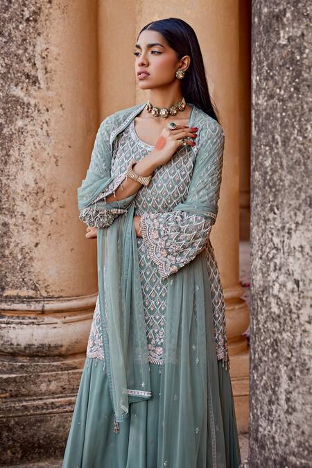 Amitabh Malhotra_Green Georgette Embellished Cutdana Round Checkered Kurta Skirt Set _at_Aza_Fashions
